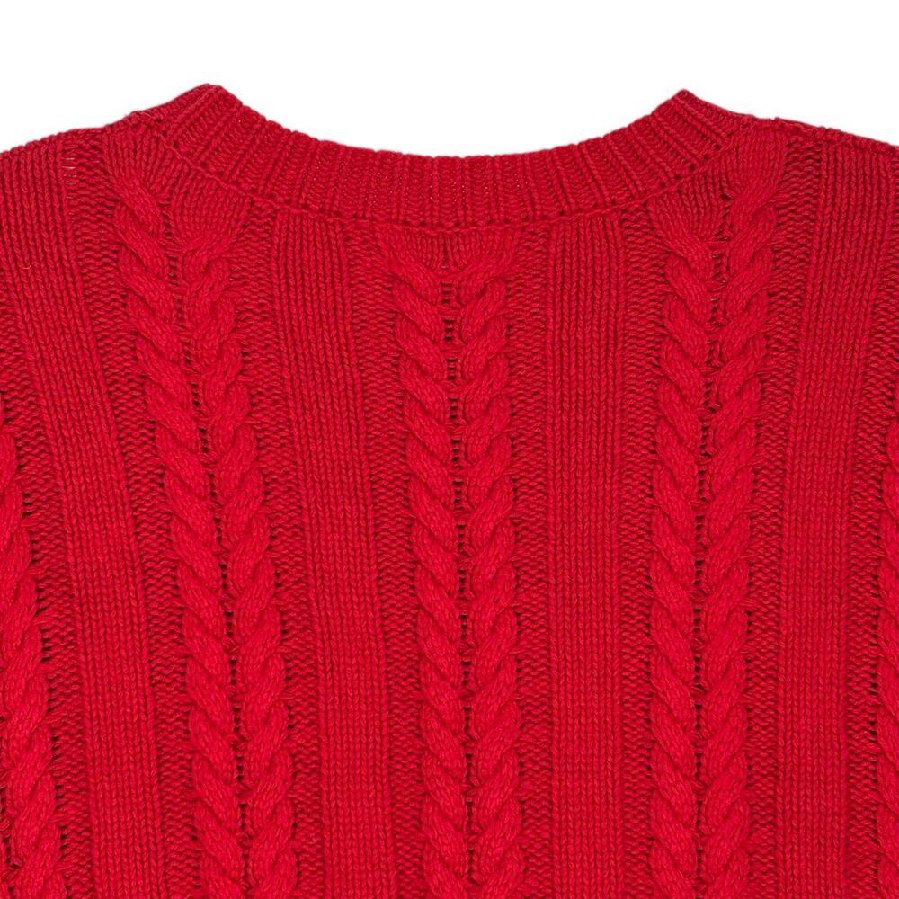 Umgee Cable Knit Sweater XL Red Dropped Shoulders Frayed Tassel Hem Fisherman - Picture 5 of 11